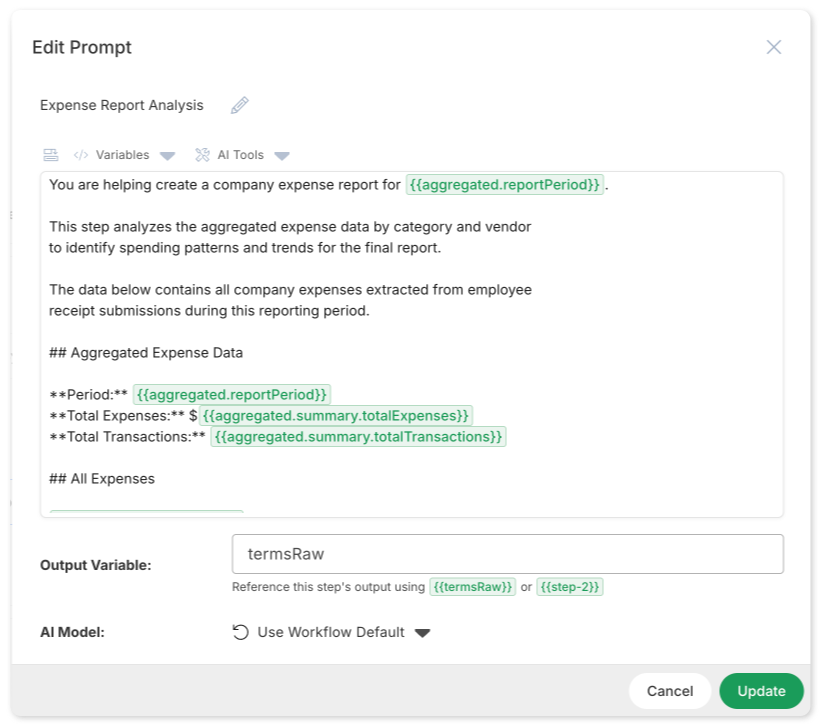 Workflow step editor showing a prompt with context preamble