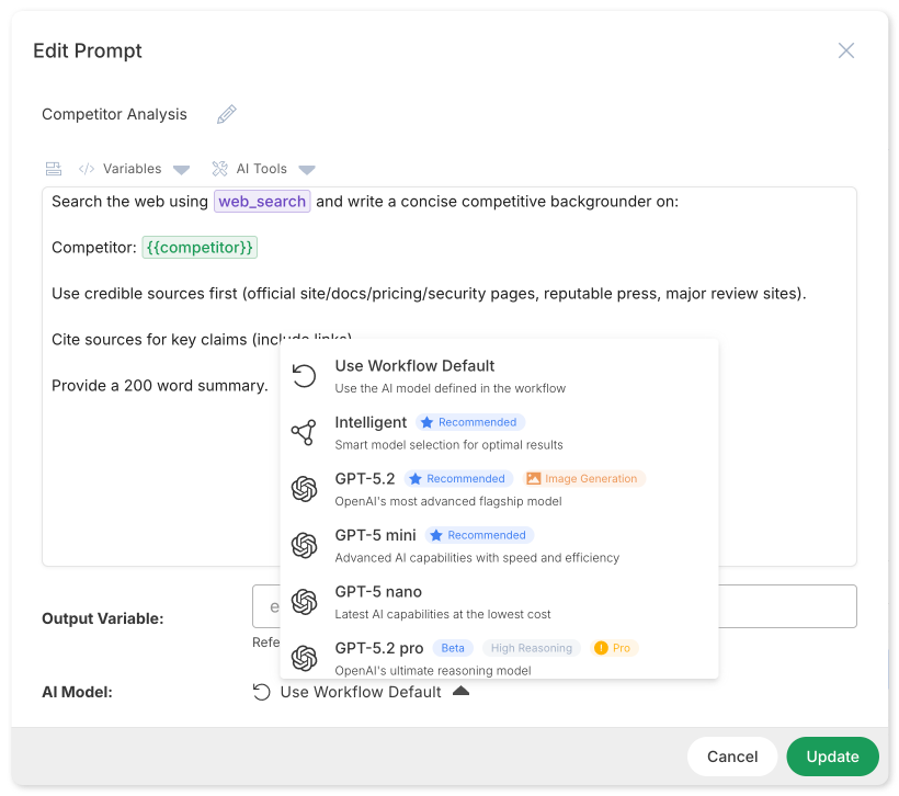AI model selector showing available models per step