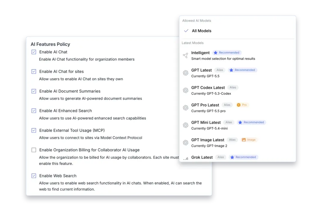 Clear Ideas AI governance montage showing model access and AI feature policy controls