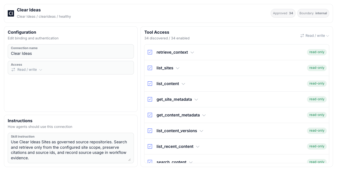 Clear Ideas connector policy dialog showing configuration, instructions, and tool access controls