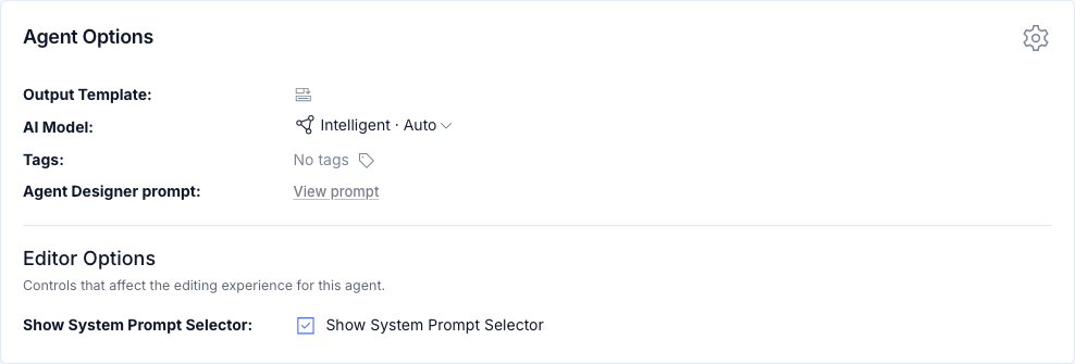 Clear Ideas agent options with model, reasoning, tags, and editor controls