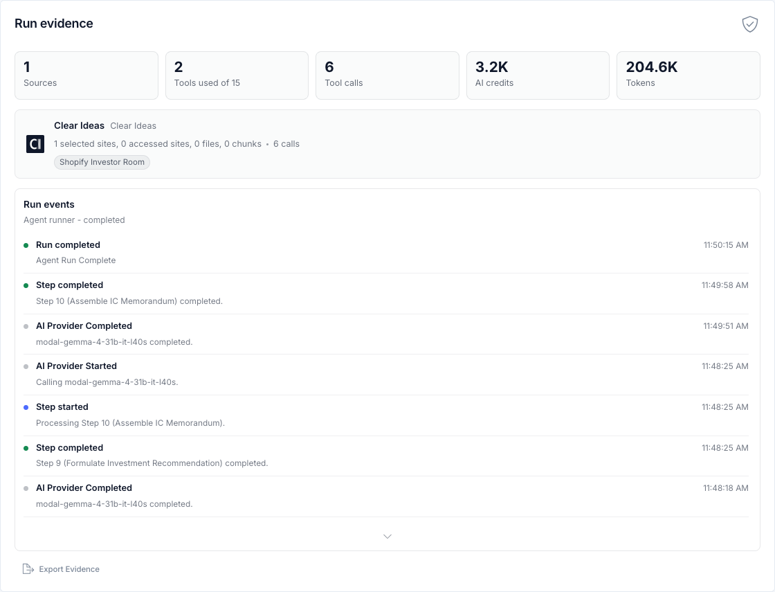 Clear Ideas governed agent run evidence panel with sources, tool calls, tokens, and run events