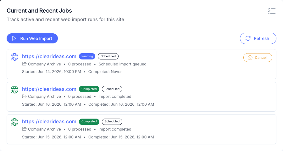 Clear Ideas web import run history