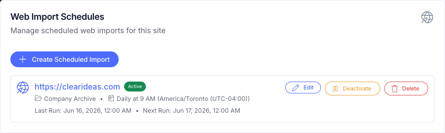 Clear Ideas scheduled web import configuration