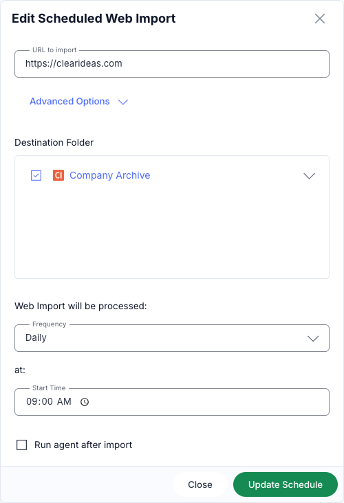 Clear Ideas edit scheduled web import dialog