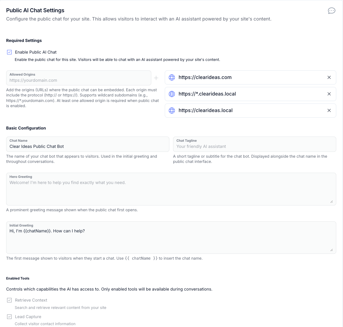 Clear Ideas Public Chat settings showing allowed origins, greeting, and enabled visitor tools