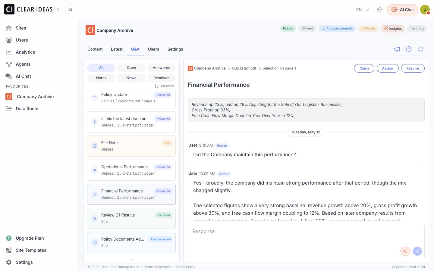 Clear Ideas Q&A workspace with the Financial Performance question selected