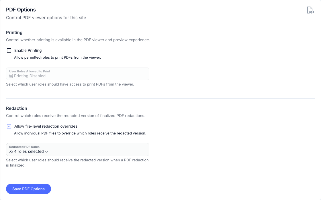Clear Ideas PDF Options settings for printing and redaction roles