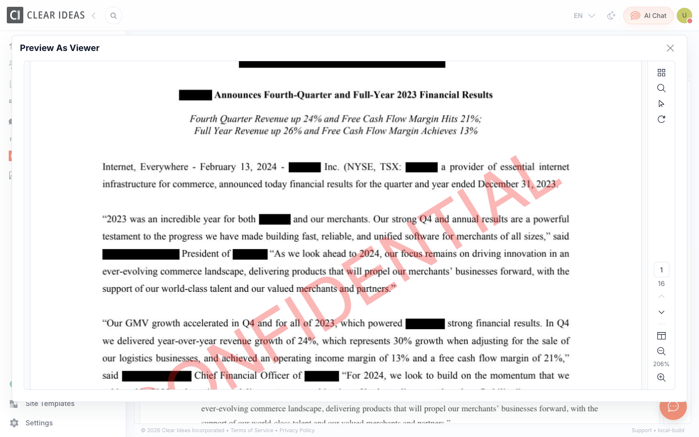 Clear Ideas Preview as Viewer dialog showing redacted and watermarked PDF output