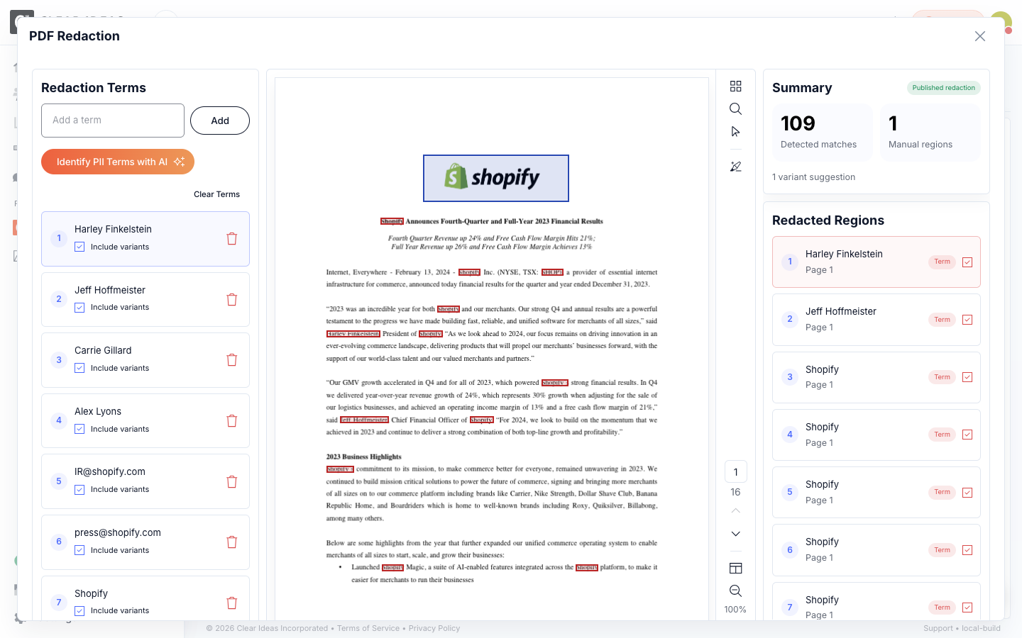 Clear Ideas PDF redaction workspace with term list, redacted document preview, and summary
