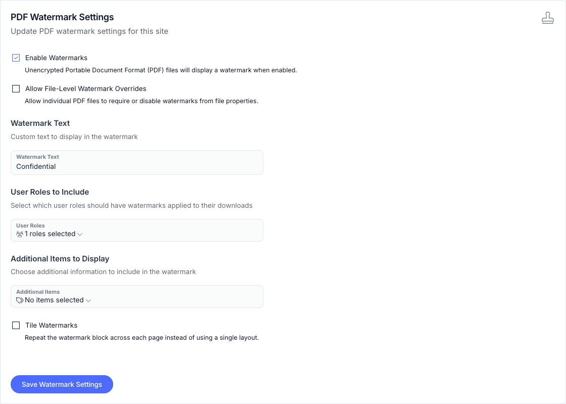 Clear Ideas PDF Watermark settings